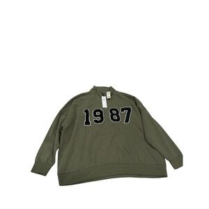 Noisy May Olive Green 1987 Graphic Quarter Zip Sweatshirt Women XL